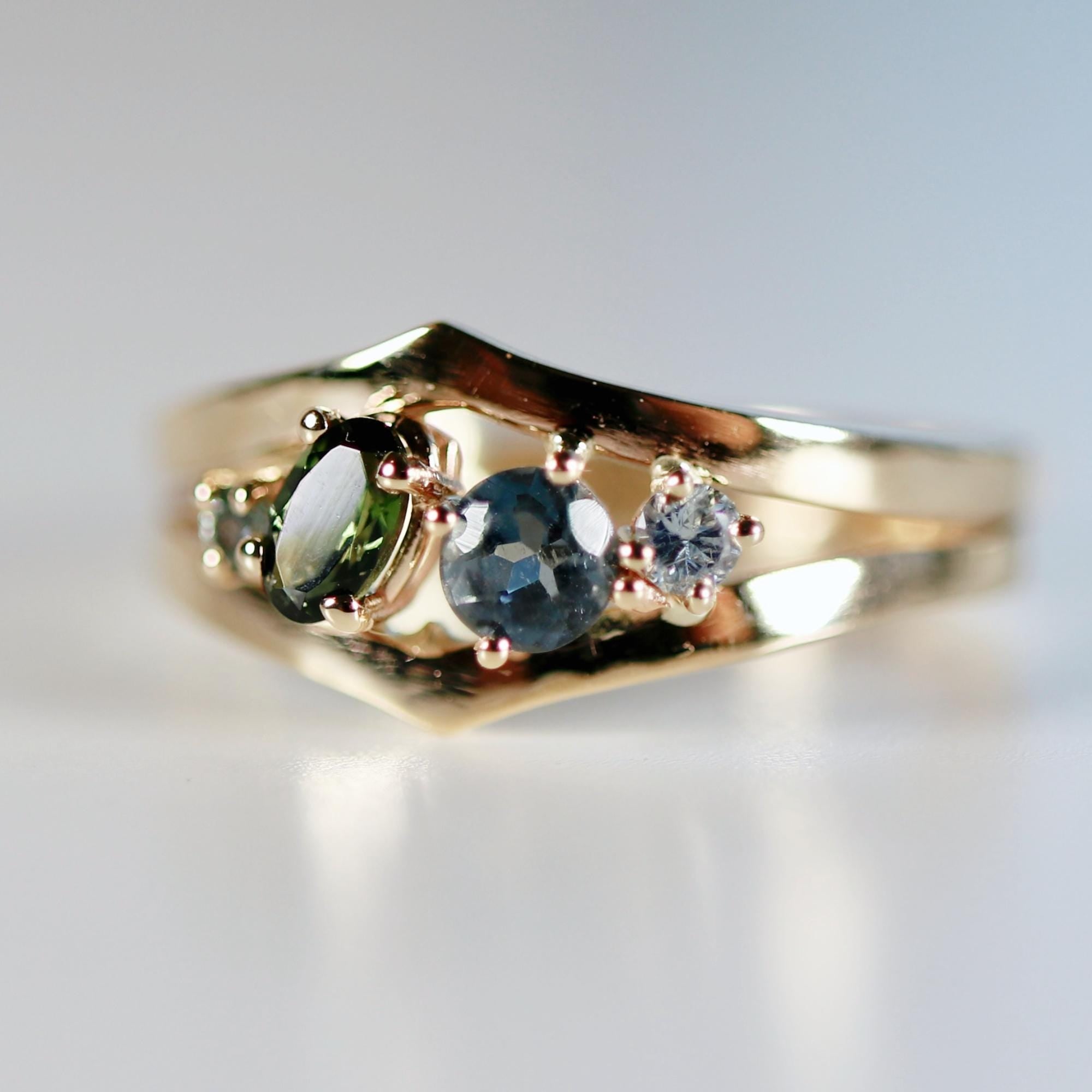 Sapphire Cluster Ring, Handmade Double Band Cocktail Ring
