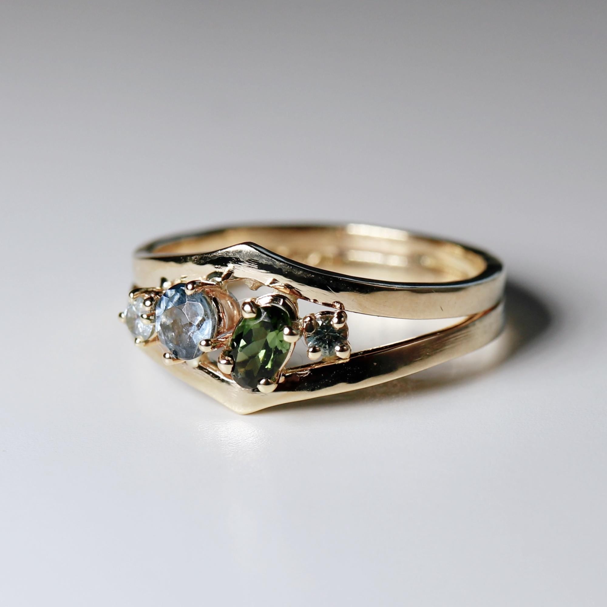 Sapphire Cluster Ring, Handmade Double Band Cocktail Ring