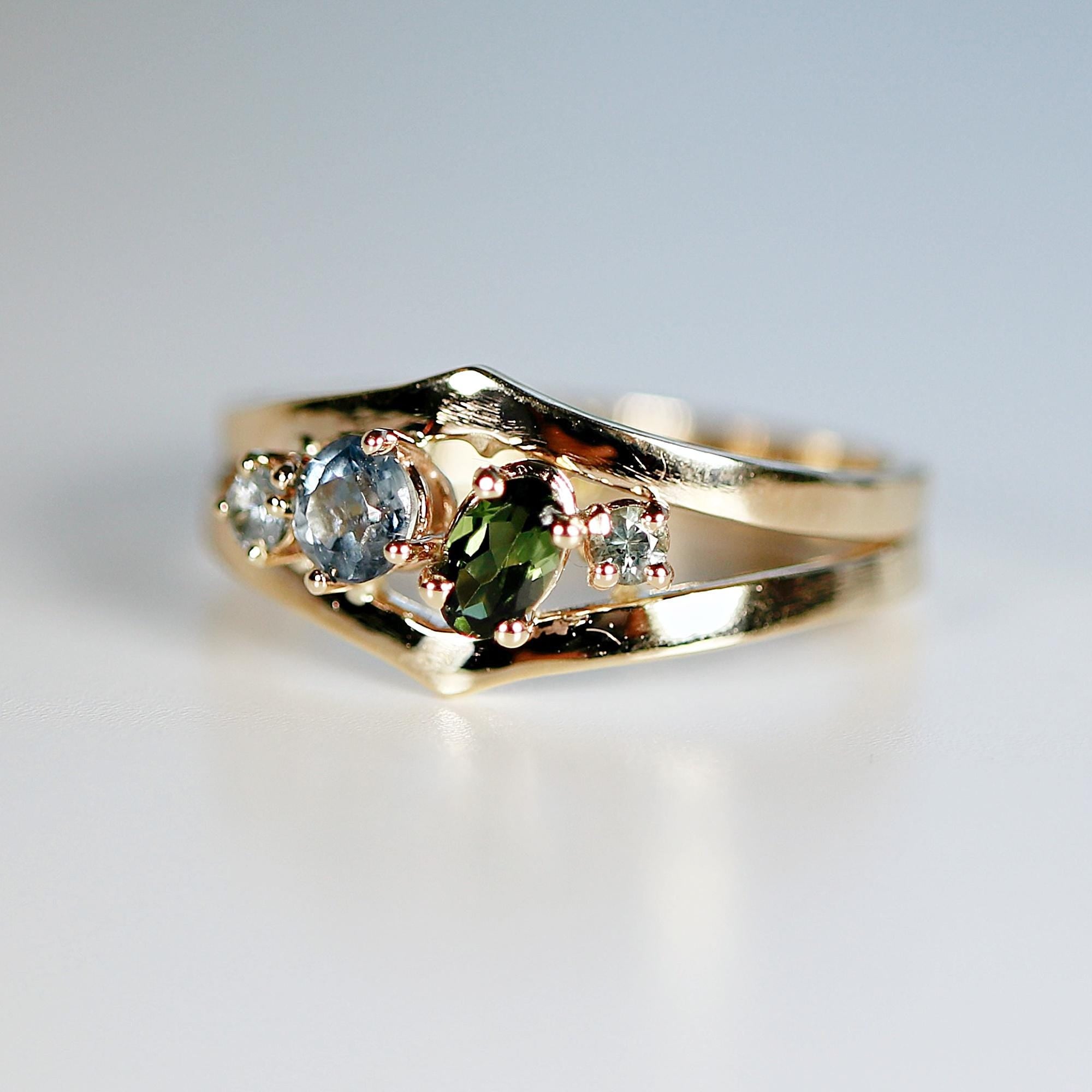 Sapphire Cluster Ring, Handmade Double Band Cocktail Ring