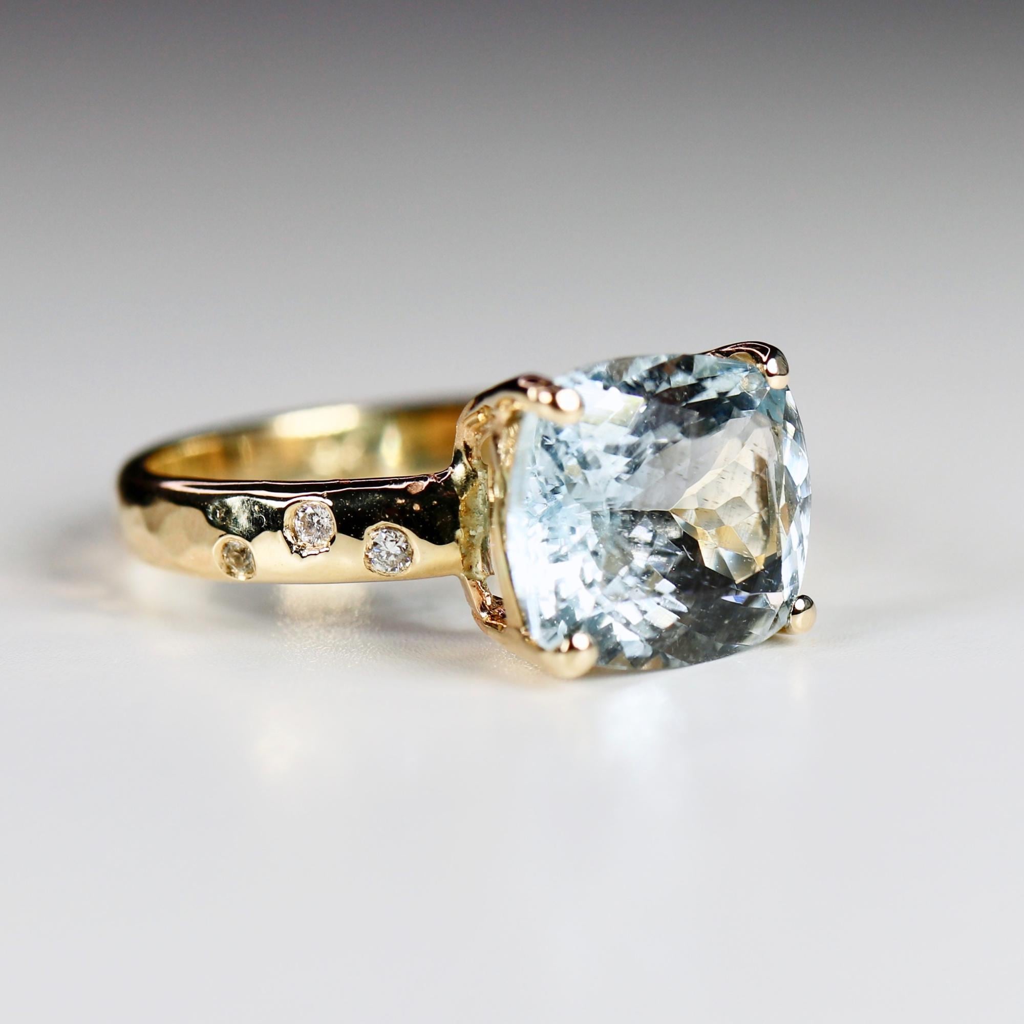 Cushion Aquamarine Ring 14k Gold, Flush Setting Diamond Band