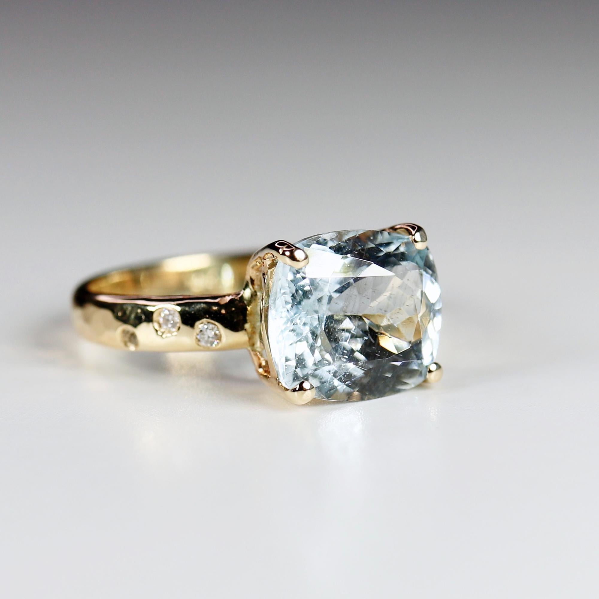 Cushion Aquamarine Ring 14k Gold, Flush Setting Diamond Band