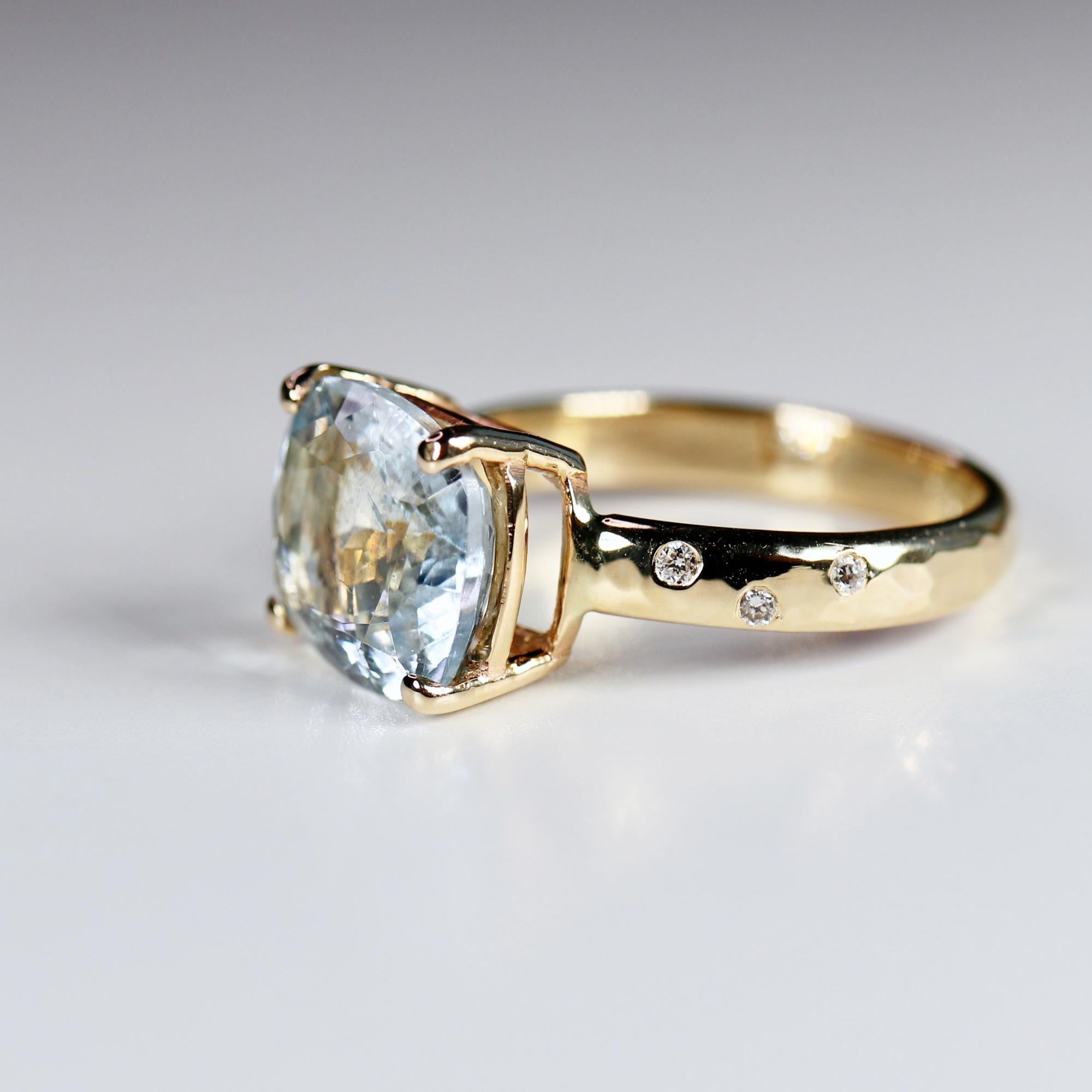 Cushion Aquamarine Ring 14k Gold, Flush Setting Diamond Band