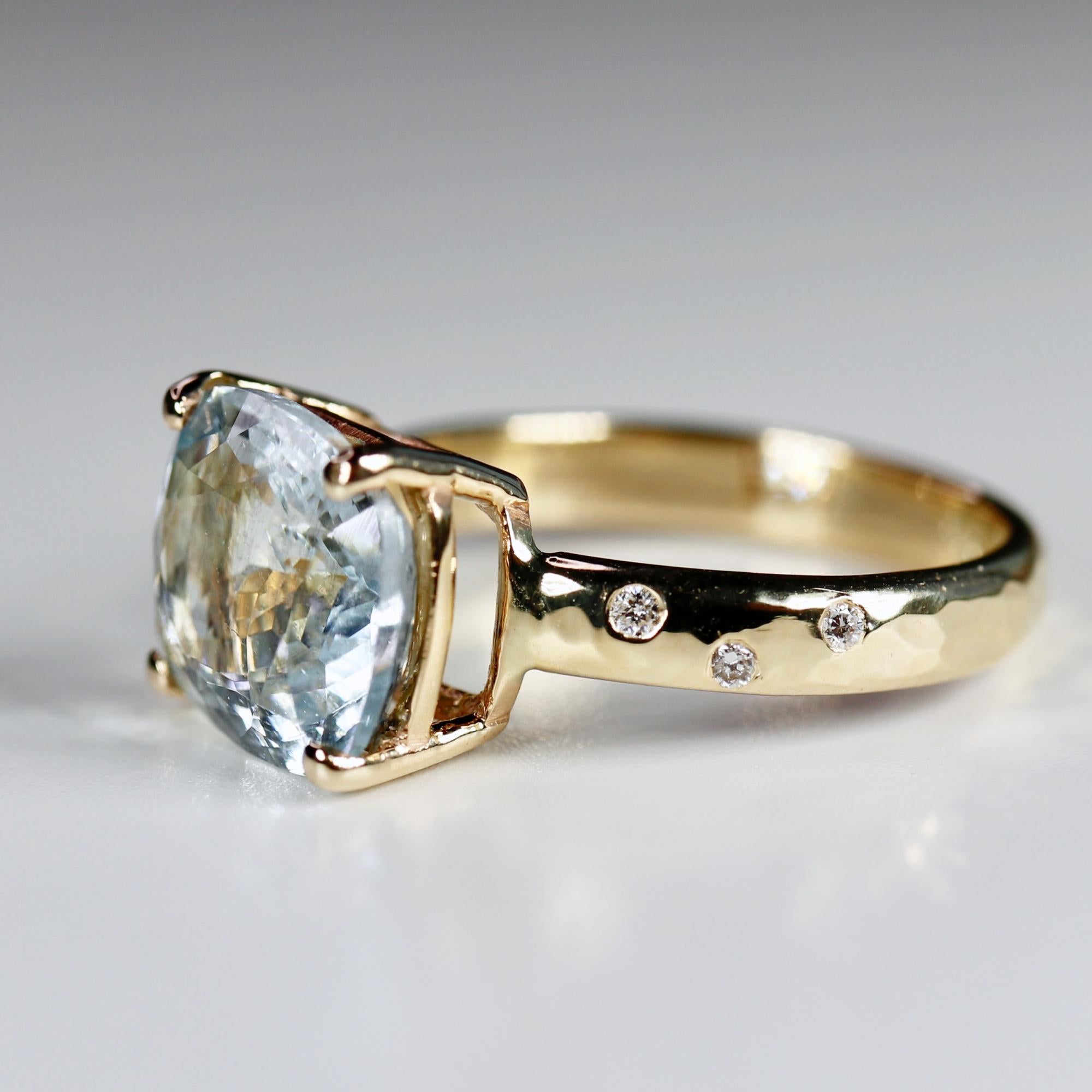 Cushion Aquamarine Ring 14k Gold, Flush Setting Diamond Band