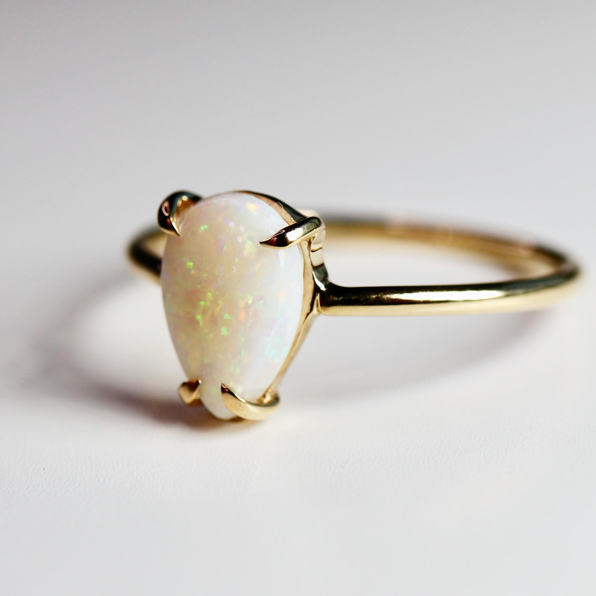 Pear Cut Australian Opal Engagement Ring 14k Solid Gold