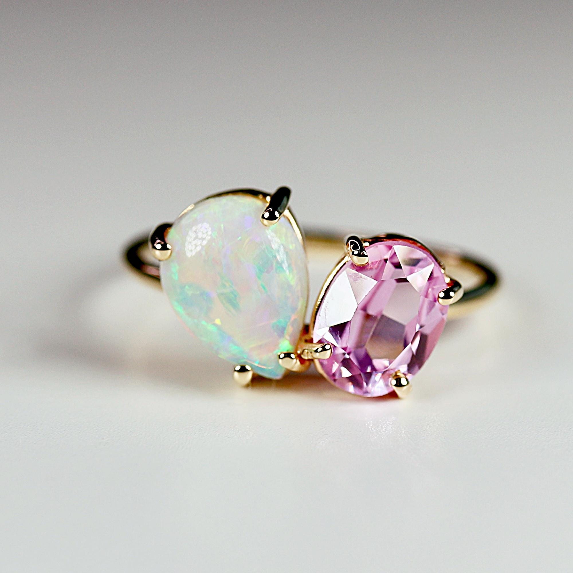 Toi et Moi Ring 14k Gold, Opal & Pink Topaz Engagement Ring