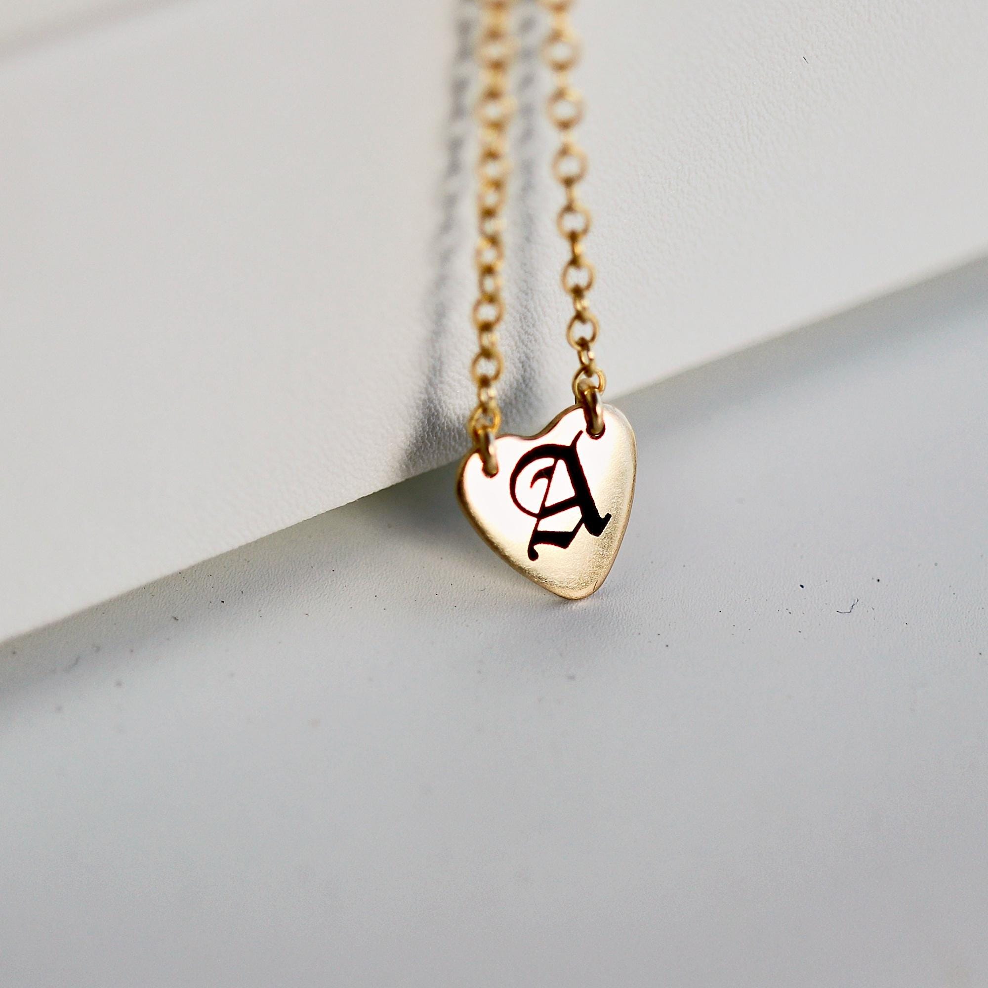 Gold Personalized Gothic Heart Necklace, Old English Letter Necklace