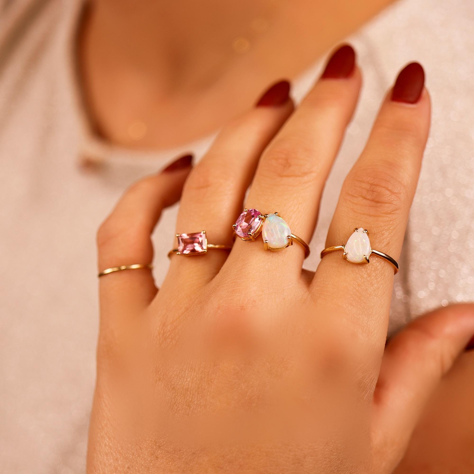 Toi et Moi Ring 14k Gold, Opal & Pink Topaz Engagement Ring