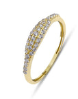 A gold band ring with a row of small, clear cubic zirconia stones set in a curved design.