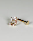 Music Note Flat Back Earrings 14k Solid Gold, Music Lover Stack Earrings