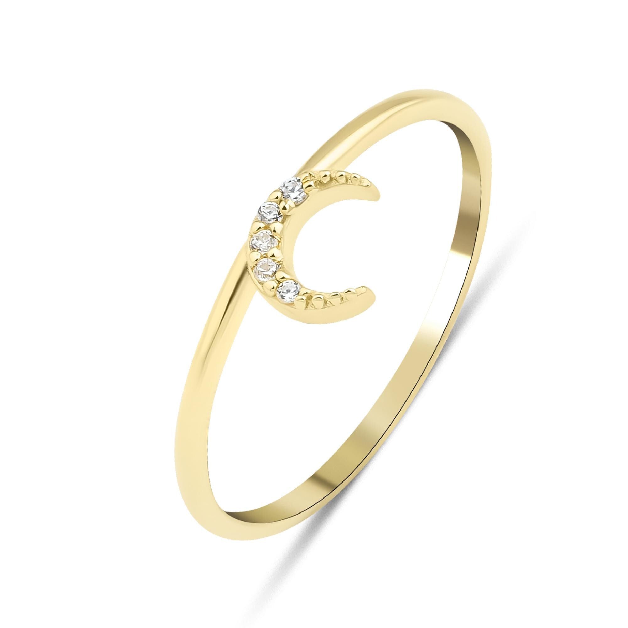 Genuine Diamond Crescent Moon Ring, Moon Ring in 14k Gold