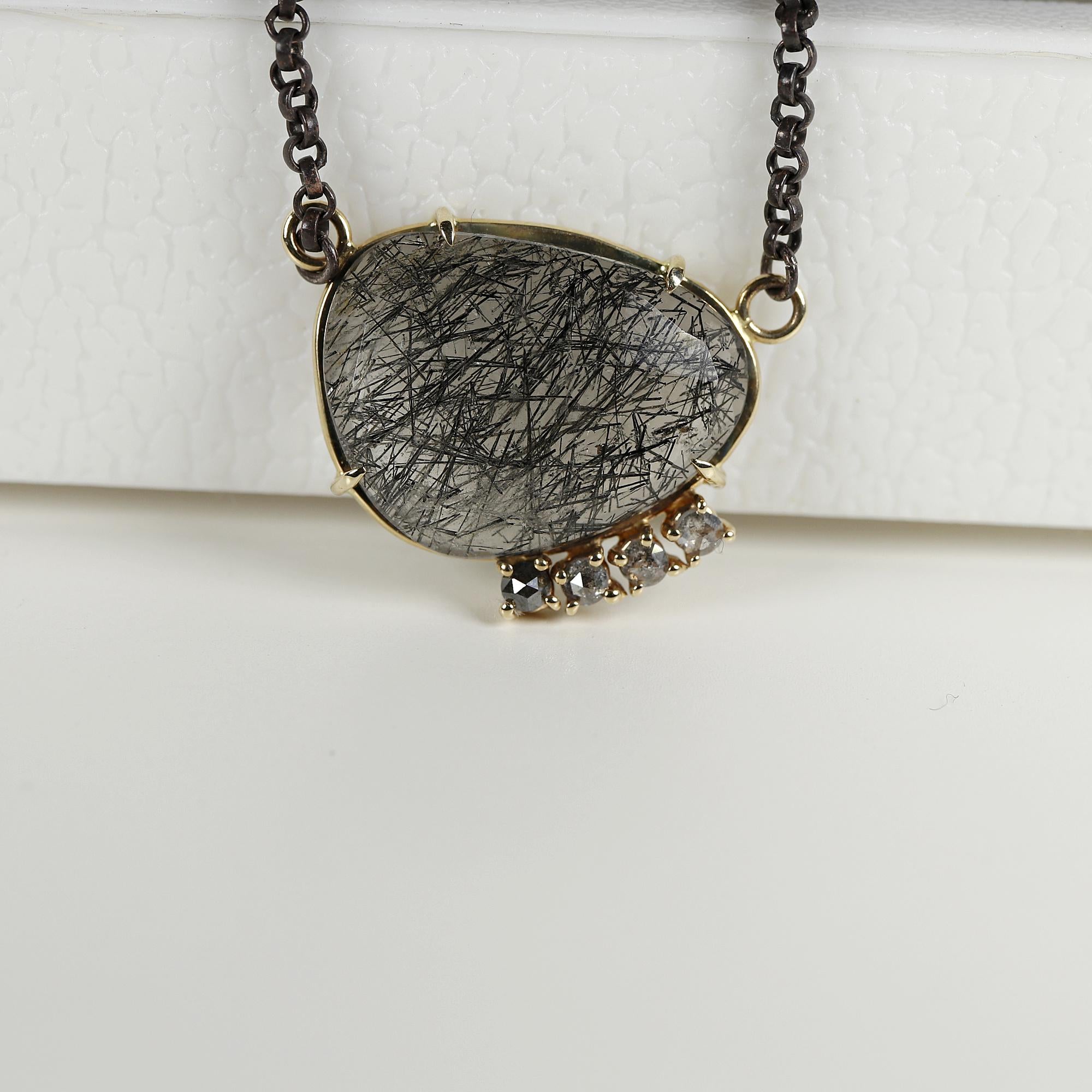 Black Rutilated Quartz Necklace 14k Gold