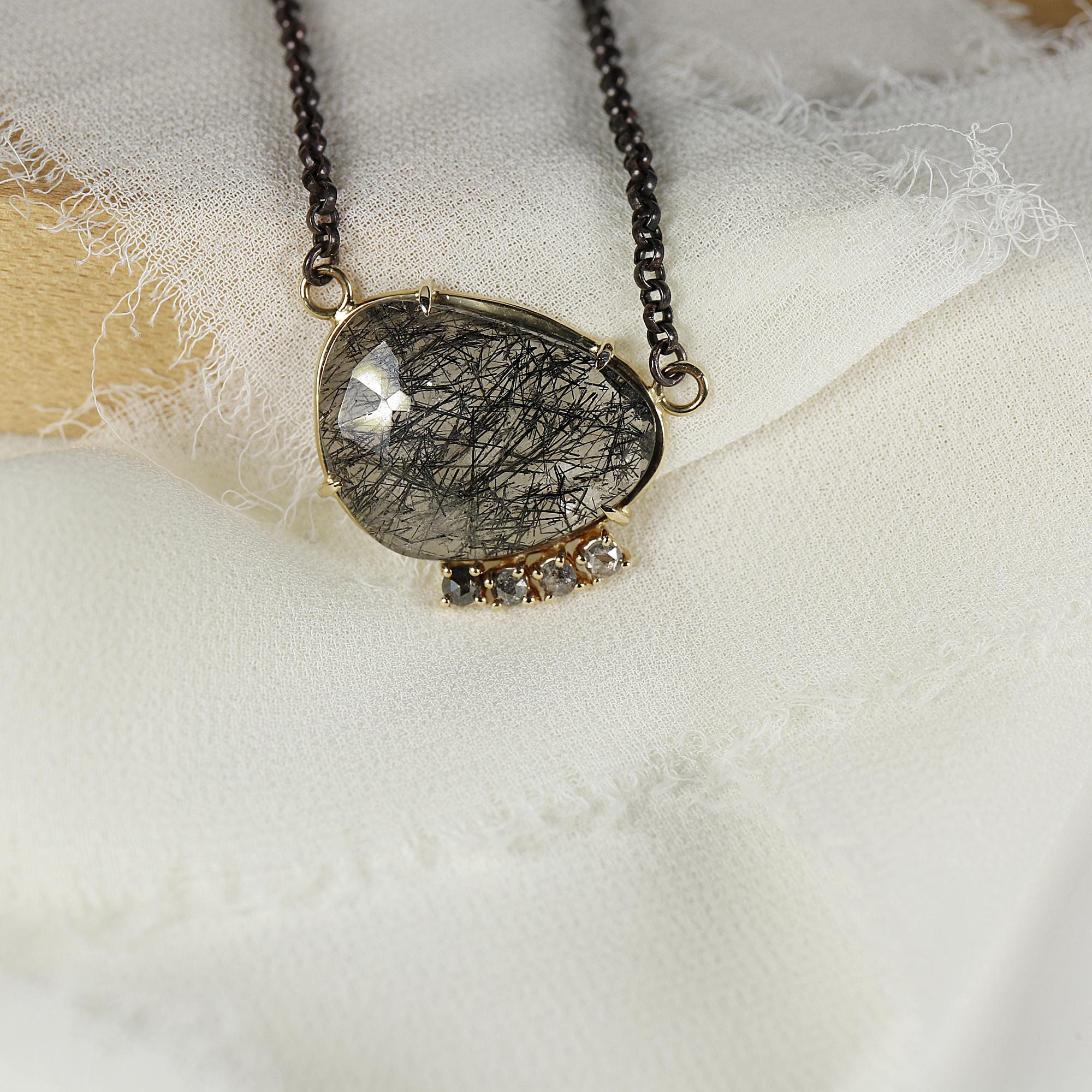 Black Rutilated Quartz Necklace 14k Gold