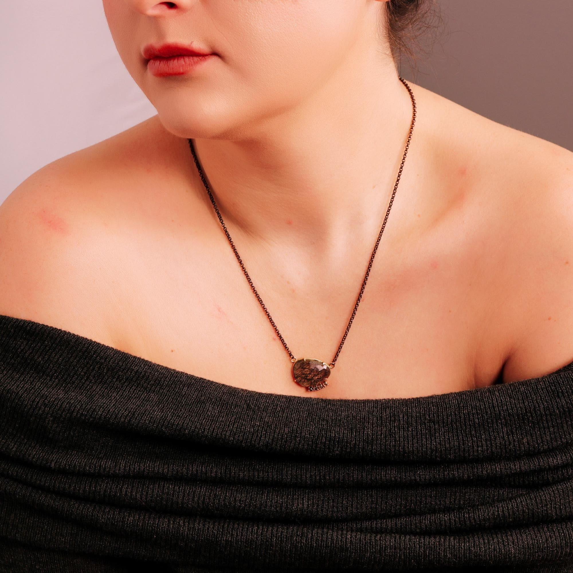 Black Rutilated Quartz Necklace 14k Gold