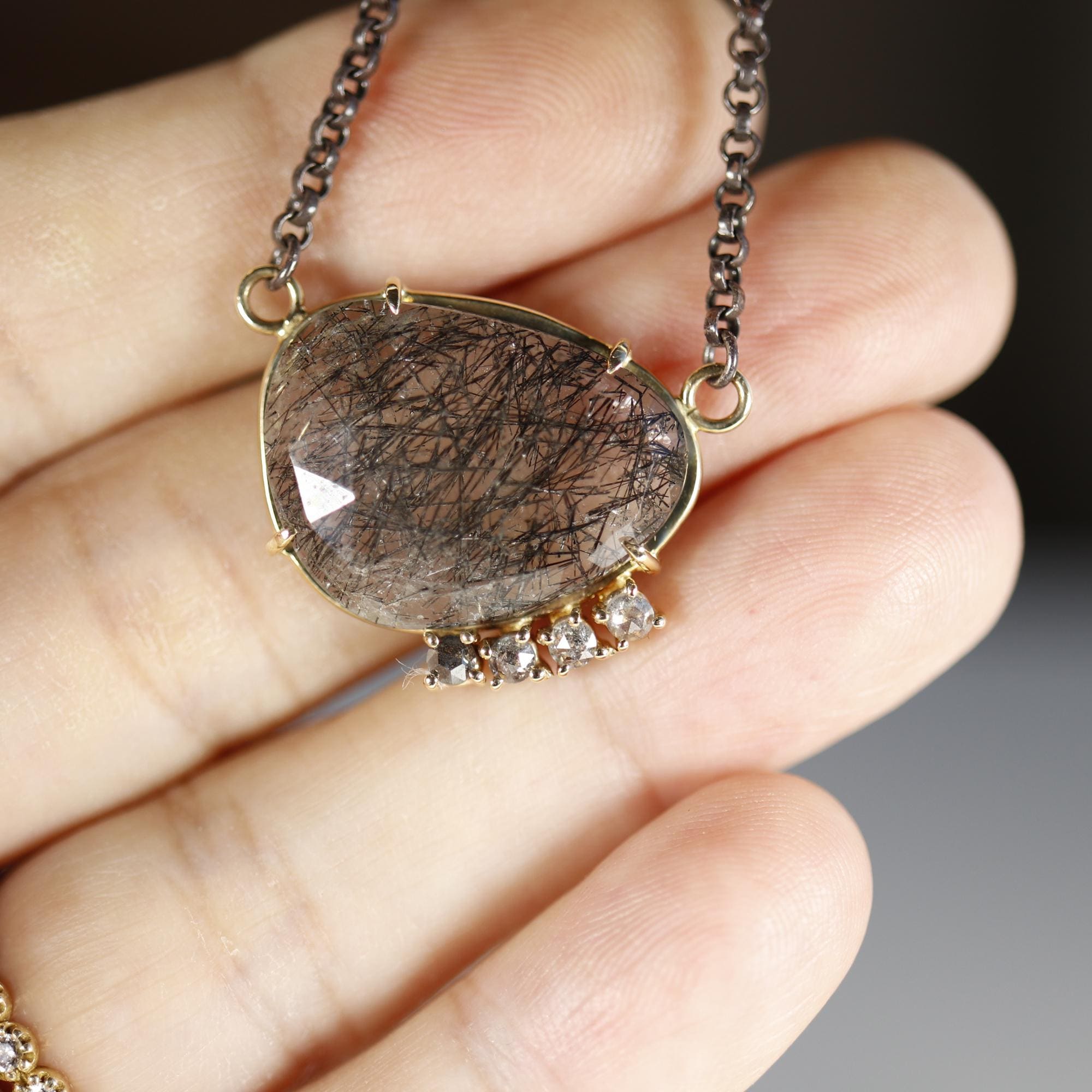 Black Rutilated Quartz Necklace 14k Gold