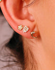 Flower Flat Back Earrings 14k Solid Gold, Cz Flower Stack Earrings, Internally Threaded Earrings, Cartilage Piercing, Valentines Gift
