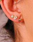 Flower Flat Back Earrings 14k Solid Gold, Cz Flower Stack Earrings