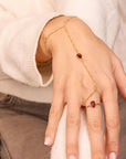 Gold Slave Bracelet, Garnet Hand Chain, Pear Garnet Hand Ring