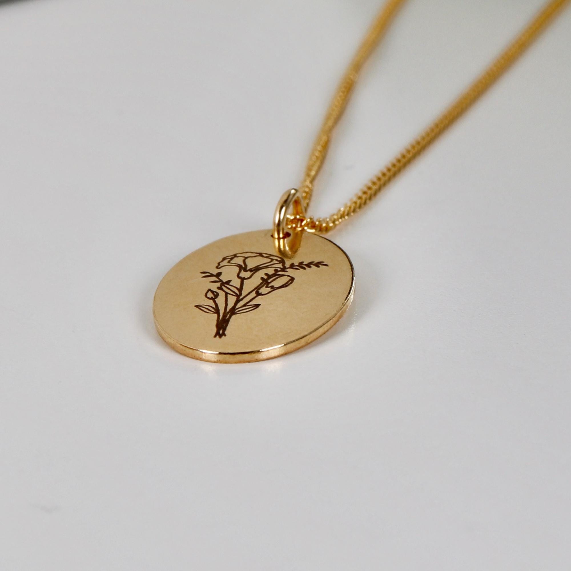 Custom Birth Month Flower Necklace Gold Filled, Oval Disc Necklace, Kids Name Laser Engraved Initials Necklace, Gold Oval Disc Medallion