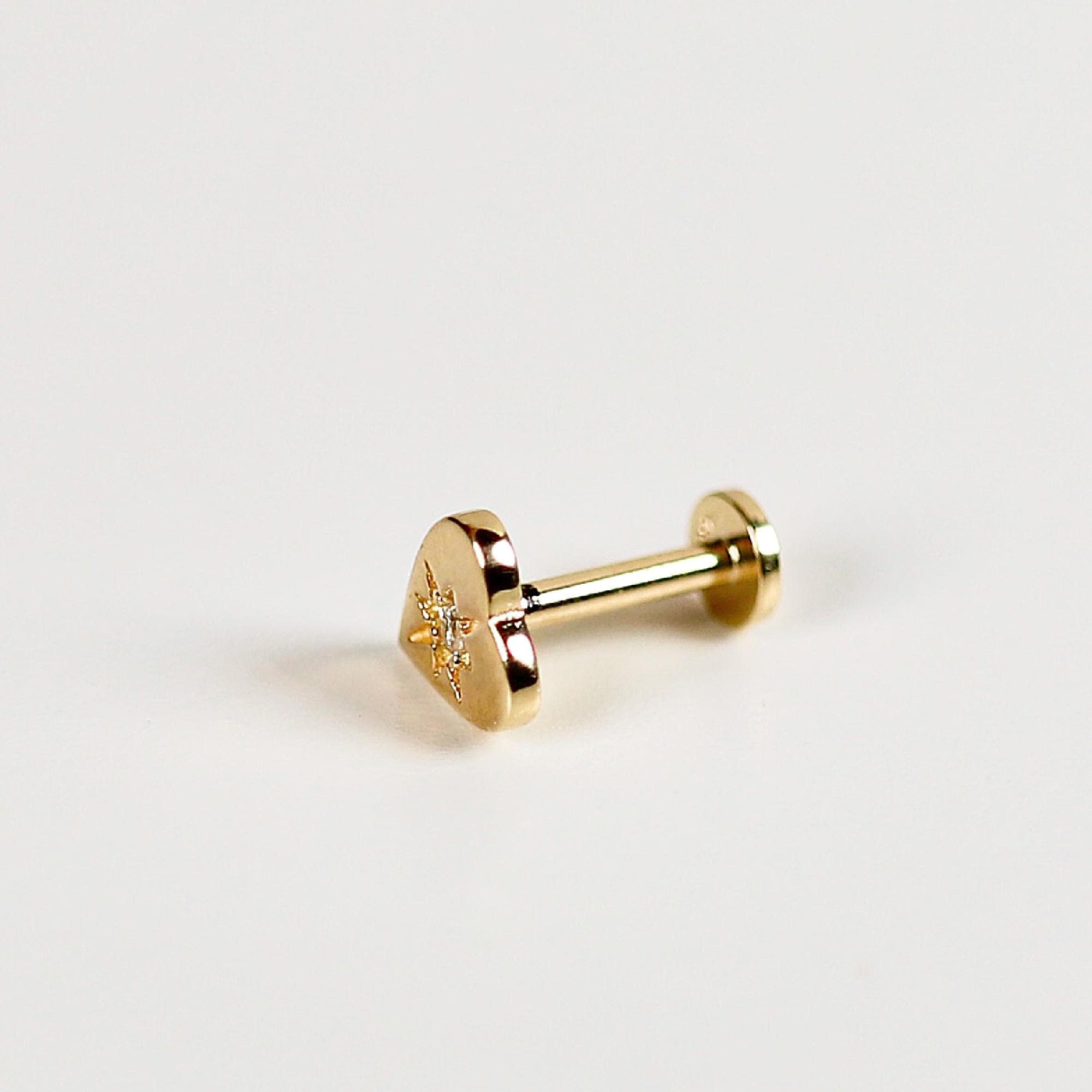 Northstar Heart Flat Back Cartilage Earrings 14k Solid Gold, Internally Threaded Flat Back Earrings, Star Heart Studs, Valentine's Day Gift