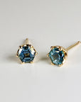 Hexagon Montana Sapphire Earrings 14k Gold, Solid Gold Sapphire Stud Earrings, Montana Sapphire Bridal Earrings, Wedding Jewelry