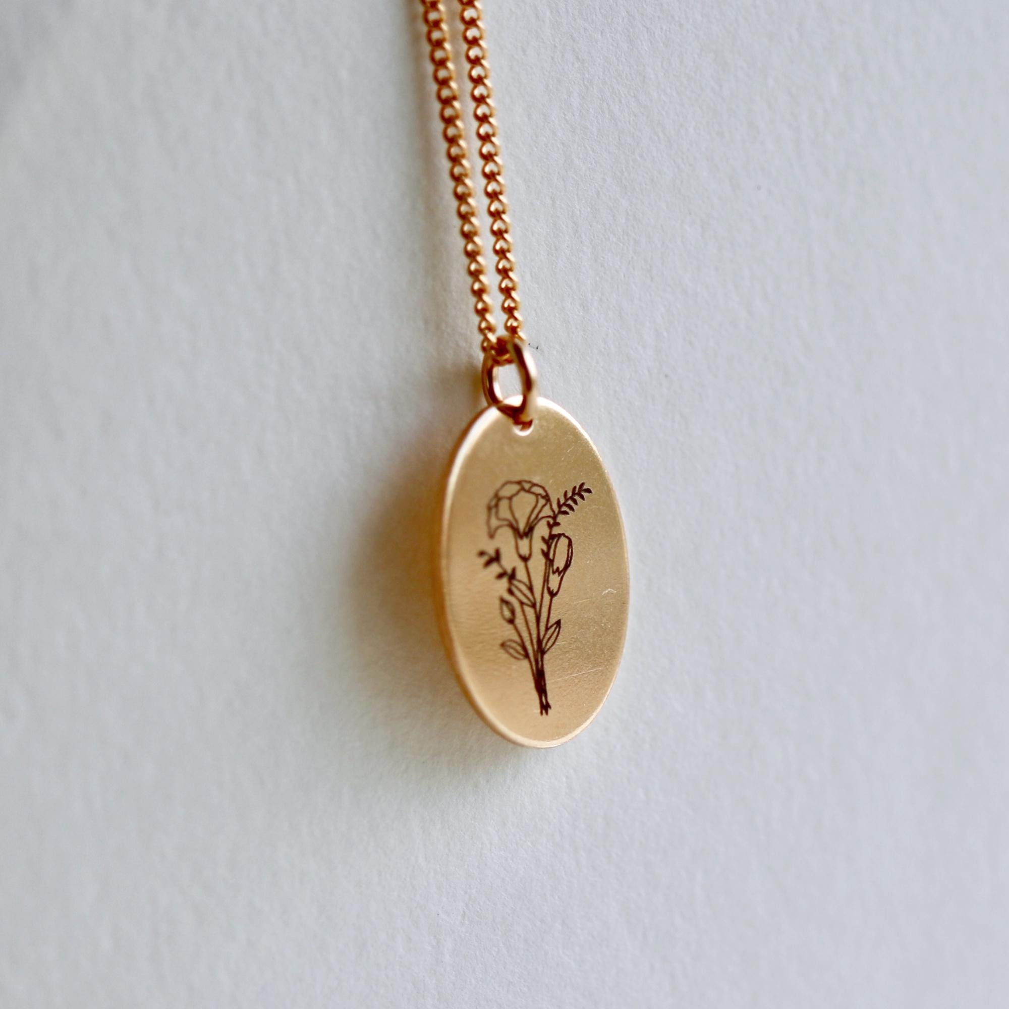 Custom Birth Month Flower Necklace Gold Filled, Oval Disc Necklace, Kids Name Laser Engraved Initials Necklace, Gold Oval Disc Medallion