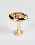 A gold eye-shaped stud earring with a small clear diamond in the center. The earring is on a white background. Evil Eye Flat Back Earrings 14k Solid Gold, Luck Symbol Stack Earrings, Internally Threaded Earrings, Cartilage Piercing, Gift for Her