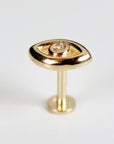 A gold eye-shaped stud earring with a small clear diamond in the center. The earring is on a white background. Evil Eye Flat Back Earrings 14k Solid Gold, Luck Symbol Stack Earrings, Internally Threaded Earrings, Cartilage Piercing, Gift for Her