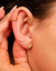 Three Stone Bar Ear Piercing 14k Solid Gold, Flat Back Earrings Cz Ear Crawler Piercing, Internally Threaded Earrings Studs, Tragus Earring