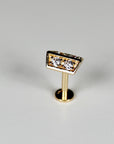 A gold body piercing with two small clear stones set in a rectangular shape.