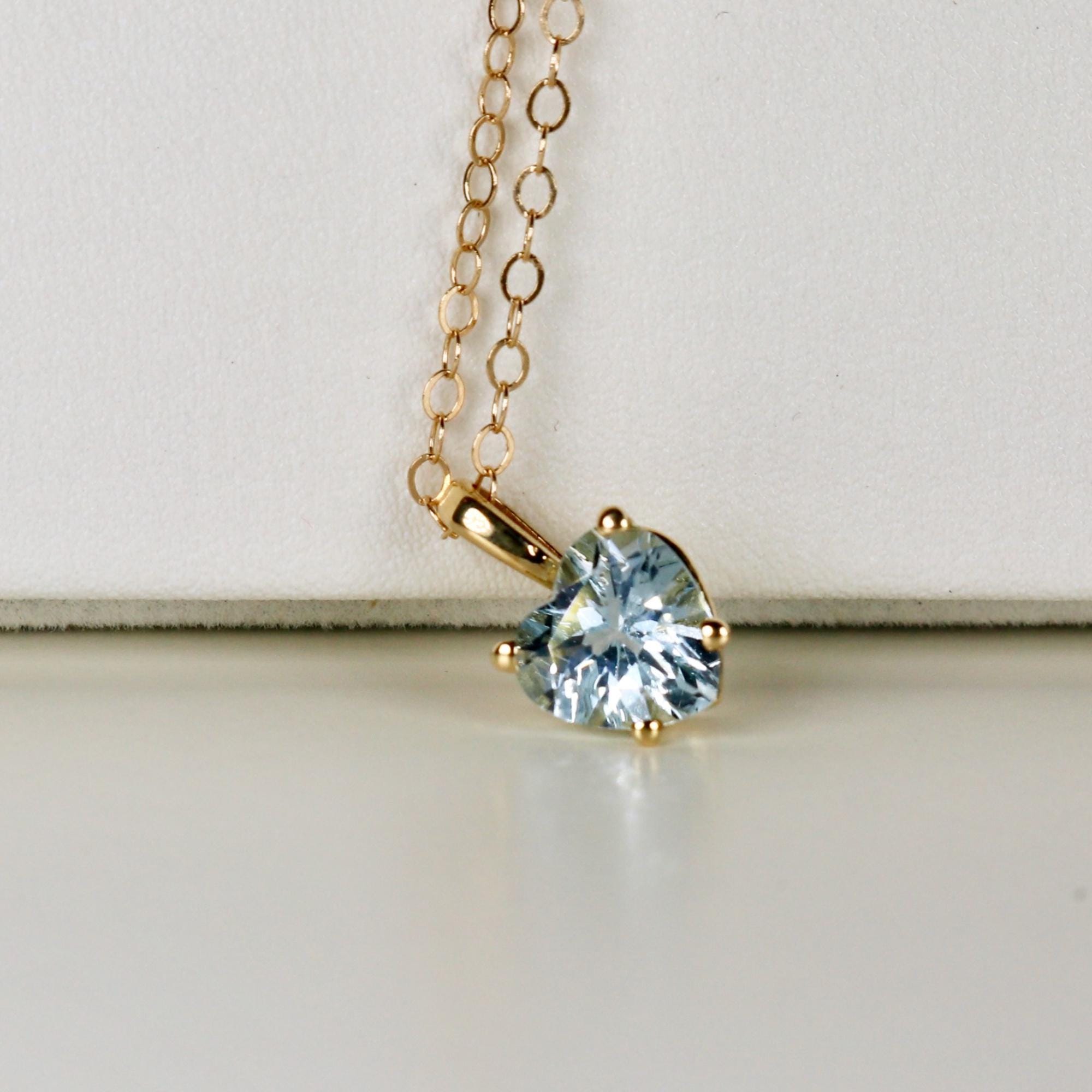 Aquamarine Necklace 14k Solid Gold, Heart Shape Aquamarine Pendant Necklace, March Birthstone Necklace, Mother's Day Gift for New Mom