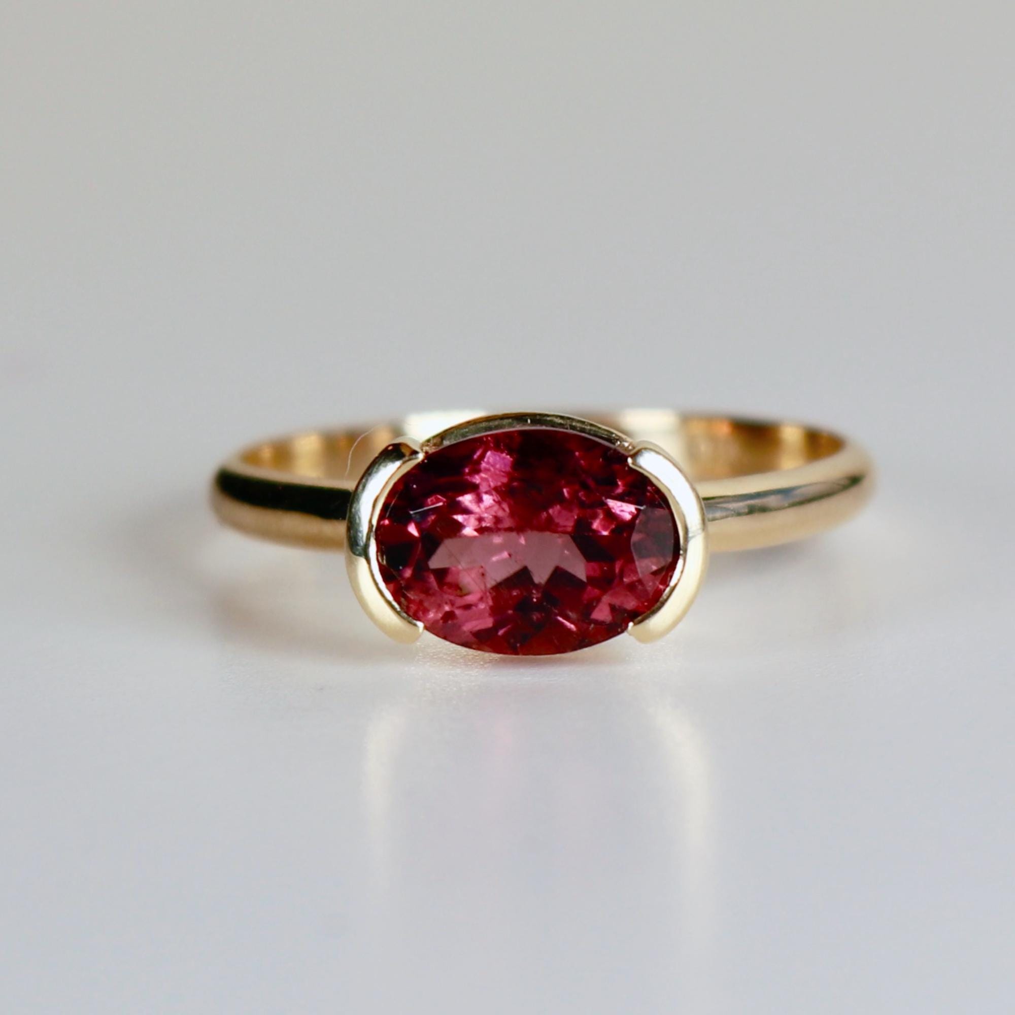 Pink Tourmaline Engagement Ring 14k Gold, East West Oval Bezel Pink Tourmaline Ring, Handmade Half Bezel Solitaire Ring, Statement Jewelry