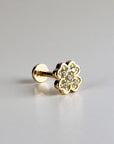 Four Leaf Clover Cz Flat Back Stud 14k Solid Gold, Luck Symbol Stack Earrings, Internally Threaded Earrings, Cartilage Piercing, Helix