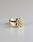 Four Leaf Clover Cz Flat Back Stud 14k Solid Gold, Luck Symbol Stack Earring