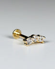 Three Stone Bar Ear Piercing 14k Solid Gold, Flat Back Earrings Cz Ear Crawler Piercing, Internally Threaded Earrings Studs, Tragus Earring