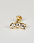Three Stone Bar Ear Piercing 14k Solid Gold, Flat Back Earrings Cz Ear Crawler Piercing, Internally Threaded Earrings Studs, Tragus Earring