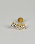 Three Stone Bar Ear Piercing 14k Solid Gold, Flat Back Earrings Cz Ear Crawler Piercing, Internally Threaded Earrings Studs, Tragus Earring