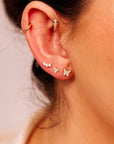 Three Stone Bar Ear Piercing 14k Solid Gold, Flat Back Earrings Cz Ear Crawler Piercing, Internally Threaded Earrings Studs, Tragus Earring
