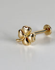 Four Leaf Clover Flat Back Stud 14k Solid Gold, Luck Symbol Stack Earrings, Internally Threaded Earrings, Cartilage Piercing, Gift for Her