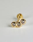 Three Bezel Stone Curve Bar Ear Piercing 14k Solid Gold, Flat Back Earrings Cz, Internally Threaded Earrings Studs, Tragus Earring