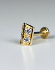 14k Solid Gold CZ 3D Rectangle Shield Flat Back Earrings, Internally Threaded Earrings Studs, Piercing For Helix, Tragus Earring, Real Gold