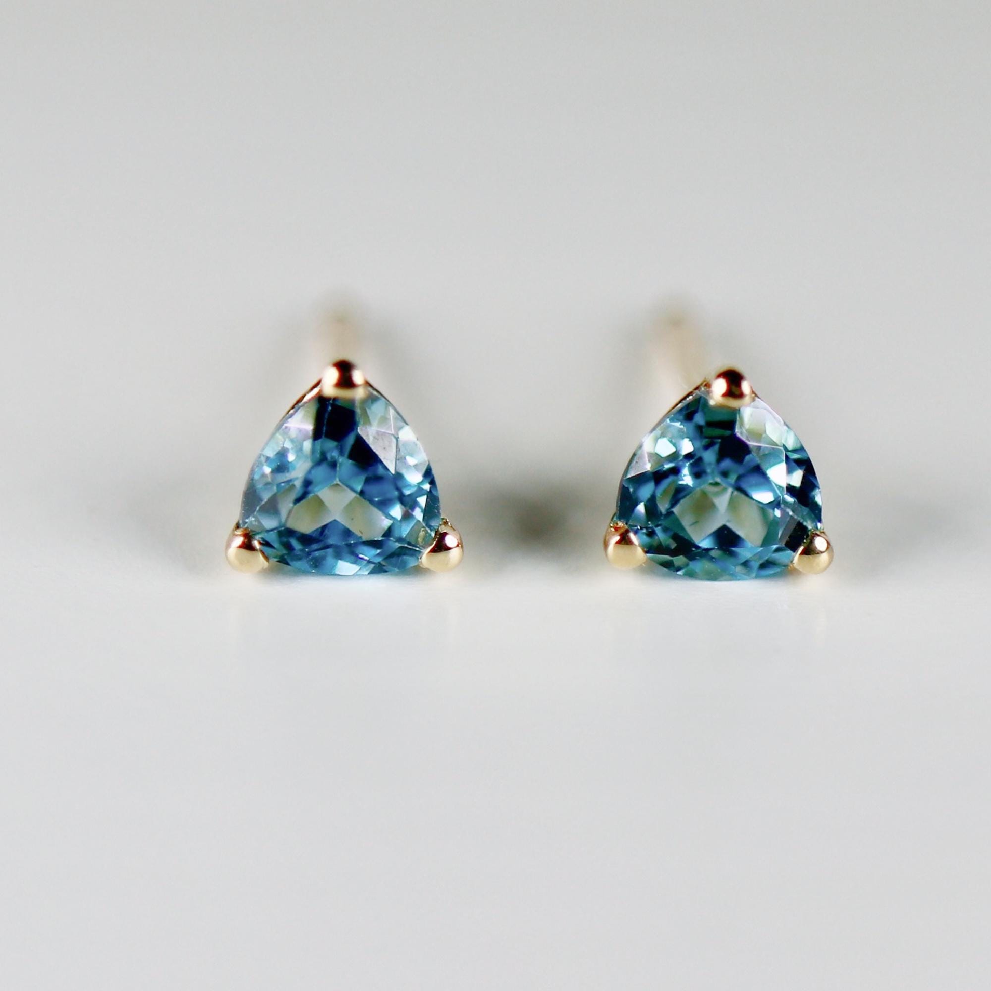 5mm Blue Topaz Earrings 14k Gold, Handmade Trillion Cut Blue Topaz Stud Earrings, November Birthstone Earrings, Jewelry Gift For Her