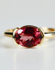 Pink Tourmaline Engagement Ring 14k Gold, East West Oval Bezel Pink Tourmaline Ring, Handmade Half Bezel Solitaire Ring, Statement Jewelry