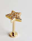 Cz Star Earring 14k Solid Gold, Internally Threaded Flat Back Earring