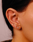 Cz Crescent Moon Earring 14k Solid Gold, Internally Threaded Flat Back Cartilage Earring