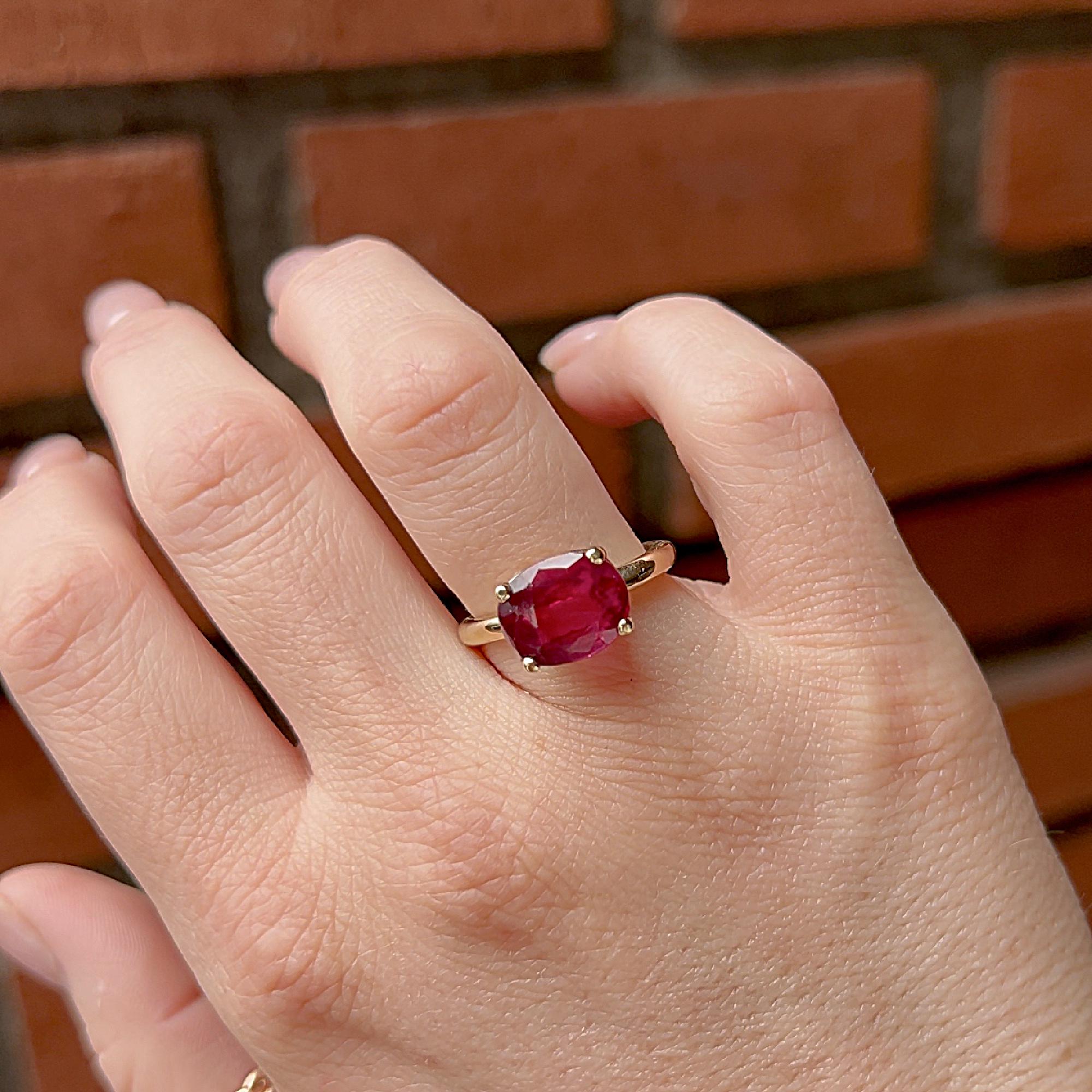 5.2 ct Weight Cushion Cut Lab Grown Ruby Ring 14k Gold, East West Ruby Ring, Minimalist Solitaire Ring, Thick Band Ring, Anniversary Gift
