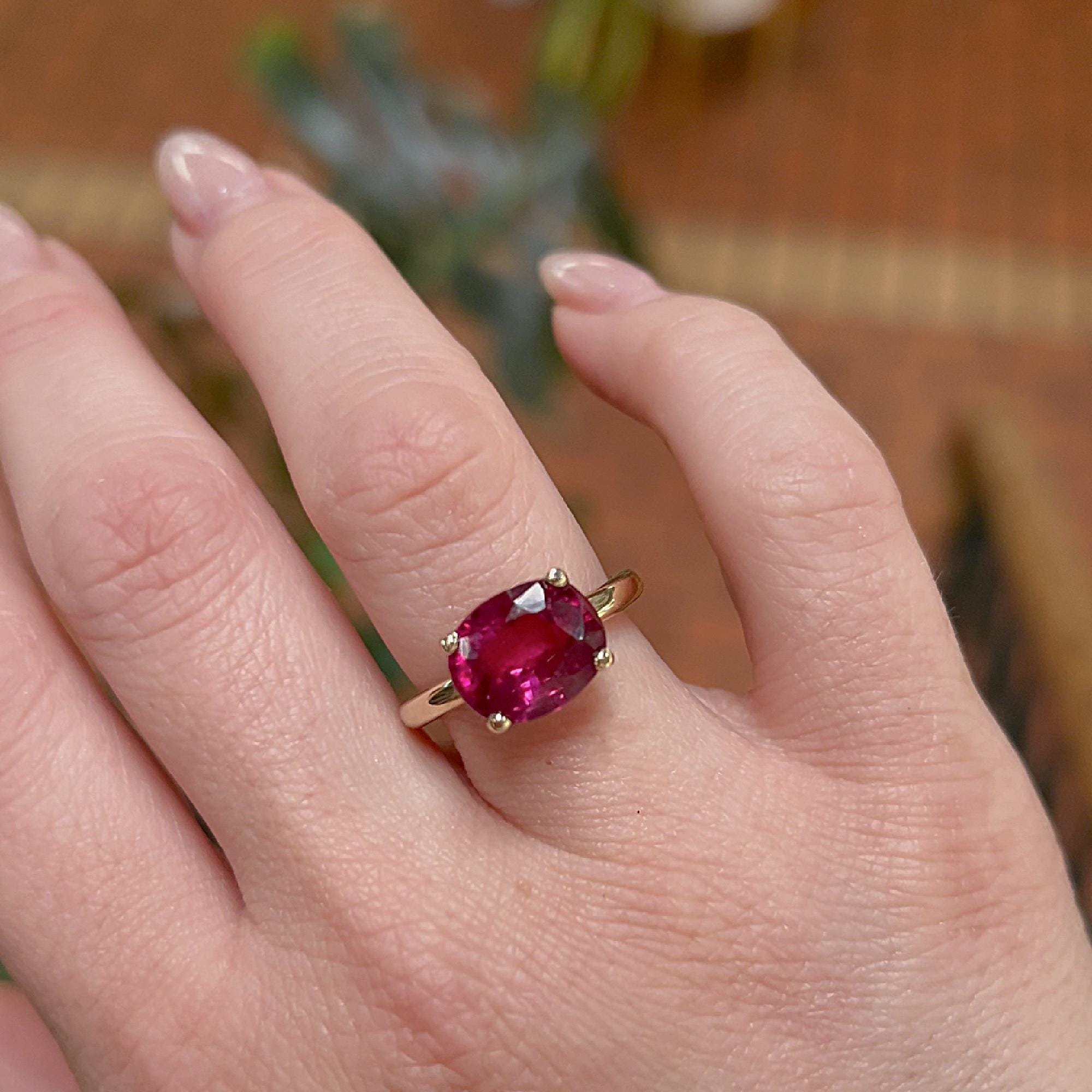 5.2 ct Weight Cushion Cut Lab Grown Ruby Ring 14k Gold, East West Ruby Ring, Minimalist Solitaire Ring, Thick Band Ring, Anniversary Gift