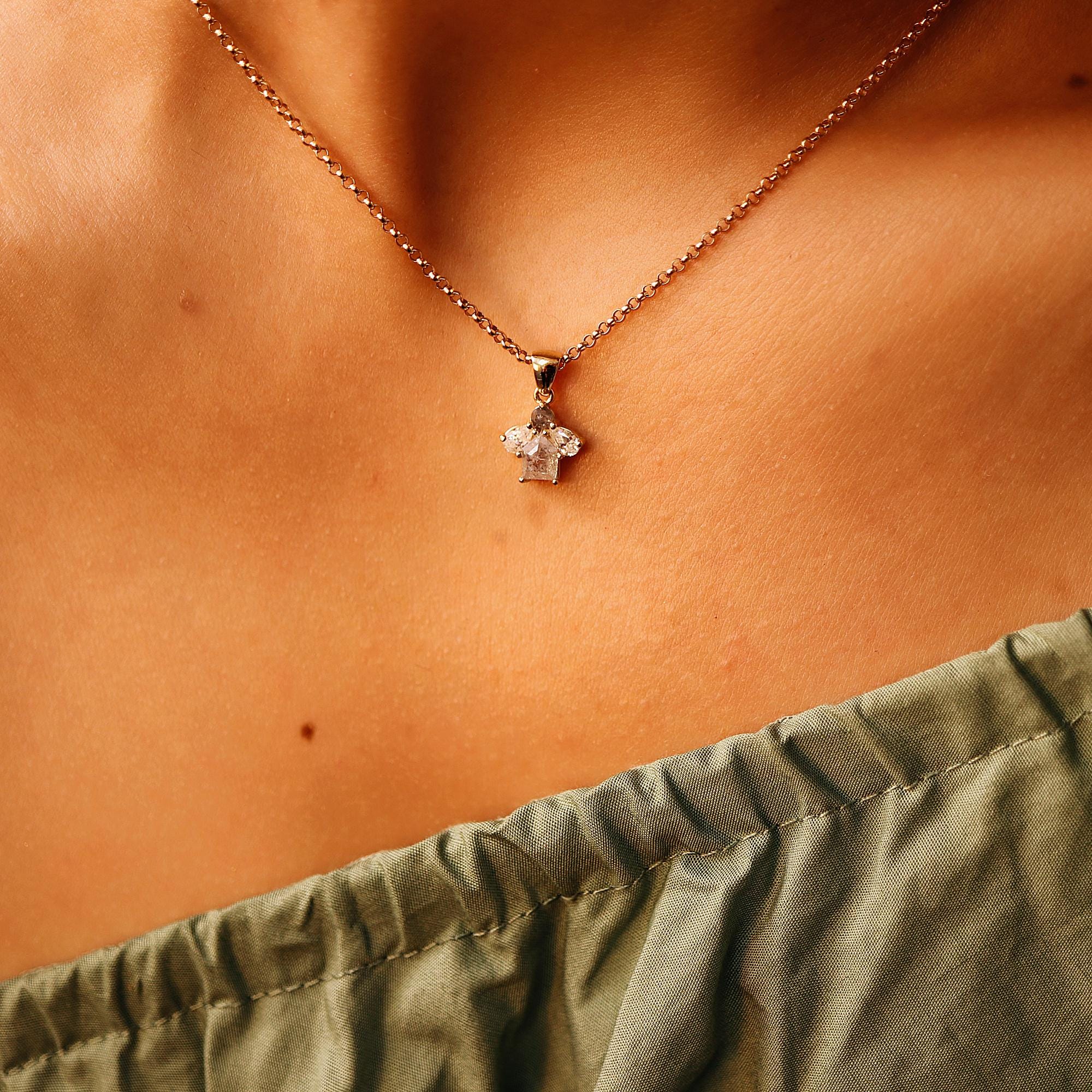 Salt and Pepper Diamond Necklace 14k Solid Gold, Dangling Fancy Cut Diamond Necklace, Gift For Her, Handmade Modern Jewelry