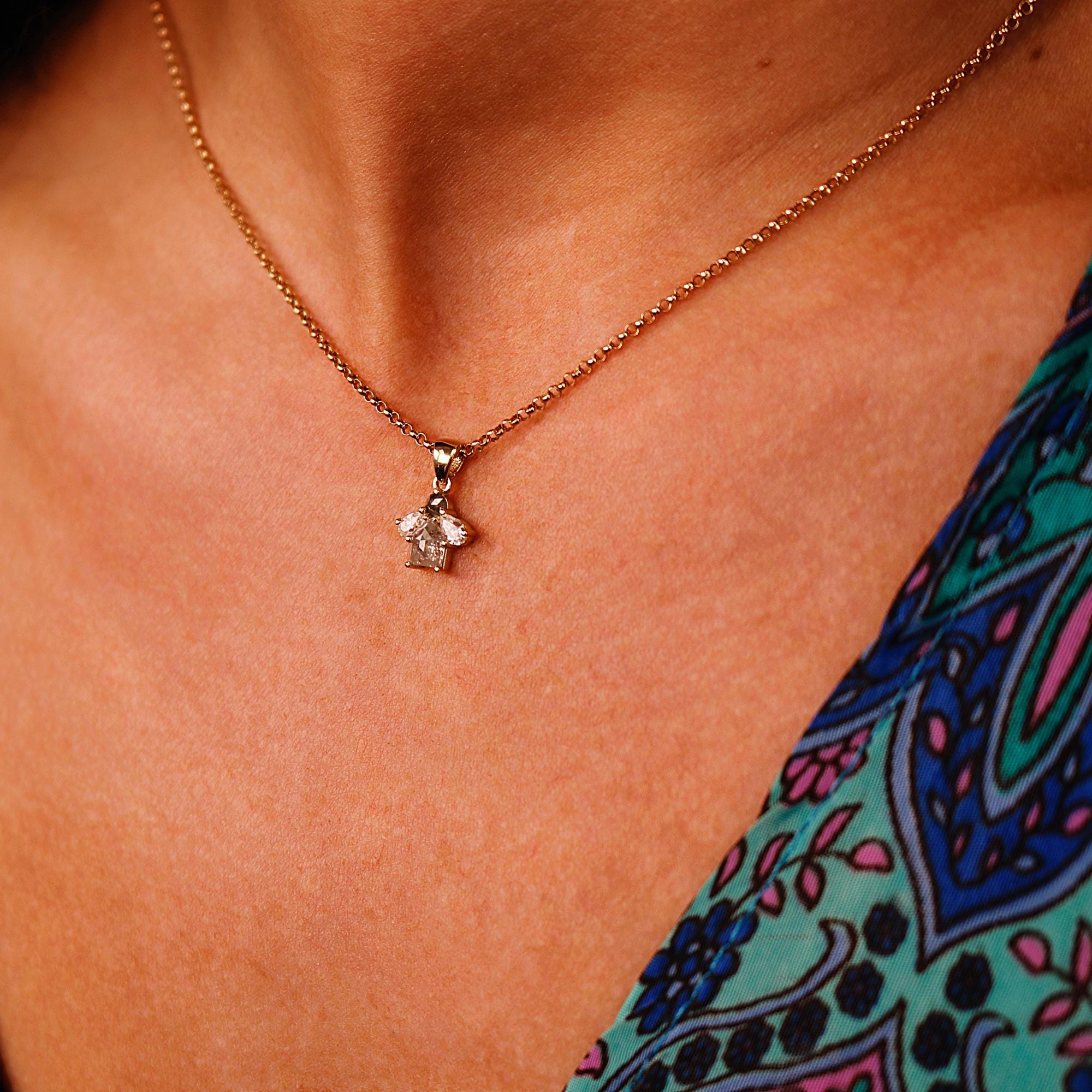 Salt and Pepper Diamond Necklace 14k Solid Gold, Dangling Fancy Cut Diamond Necklace, Gift For Her, Handmade Modern Jewelry