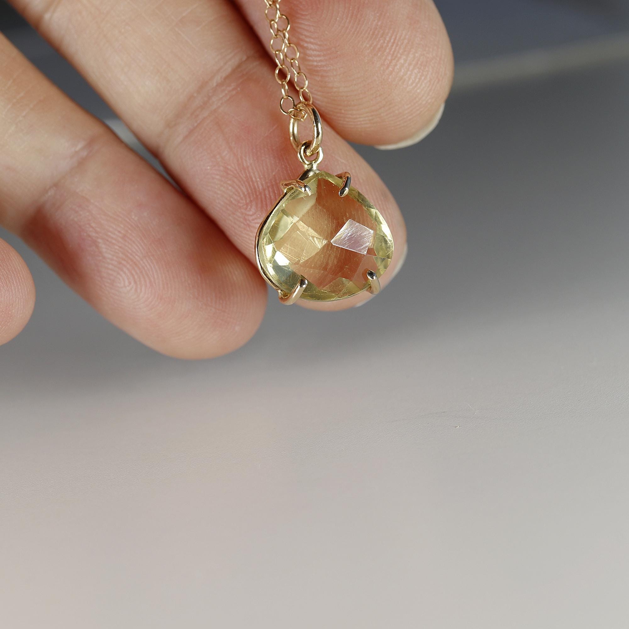Lemon Topaz Necklace 14k Solid Gold, Minimalist Rose Cut Yellow Lemon Topaz Pendant Necklace, Mother's Day Gift for New Mom