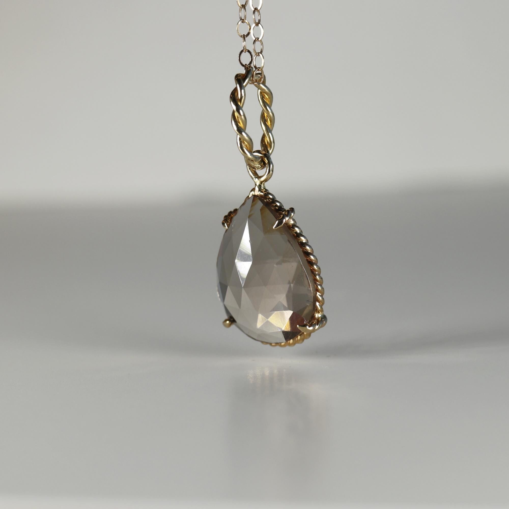 Drop Smokey Quartz Pendant Necklace 14k Solid Gold, Minimalist Pear Smoky Quartz Charm Pendant Necklace, Mother's Day Gift for New Mom